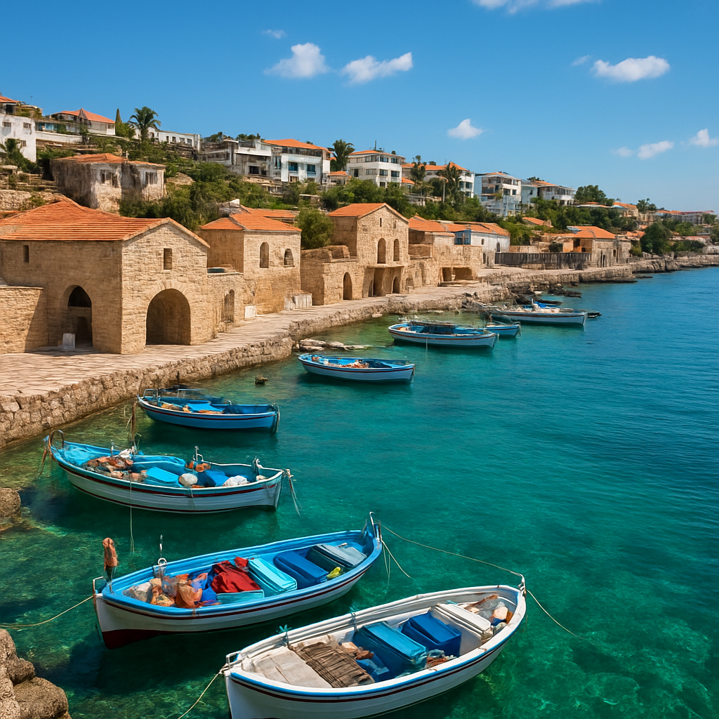 Scenic coastal view of Paphos Cyprus with harbour and villas