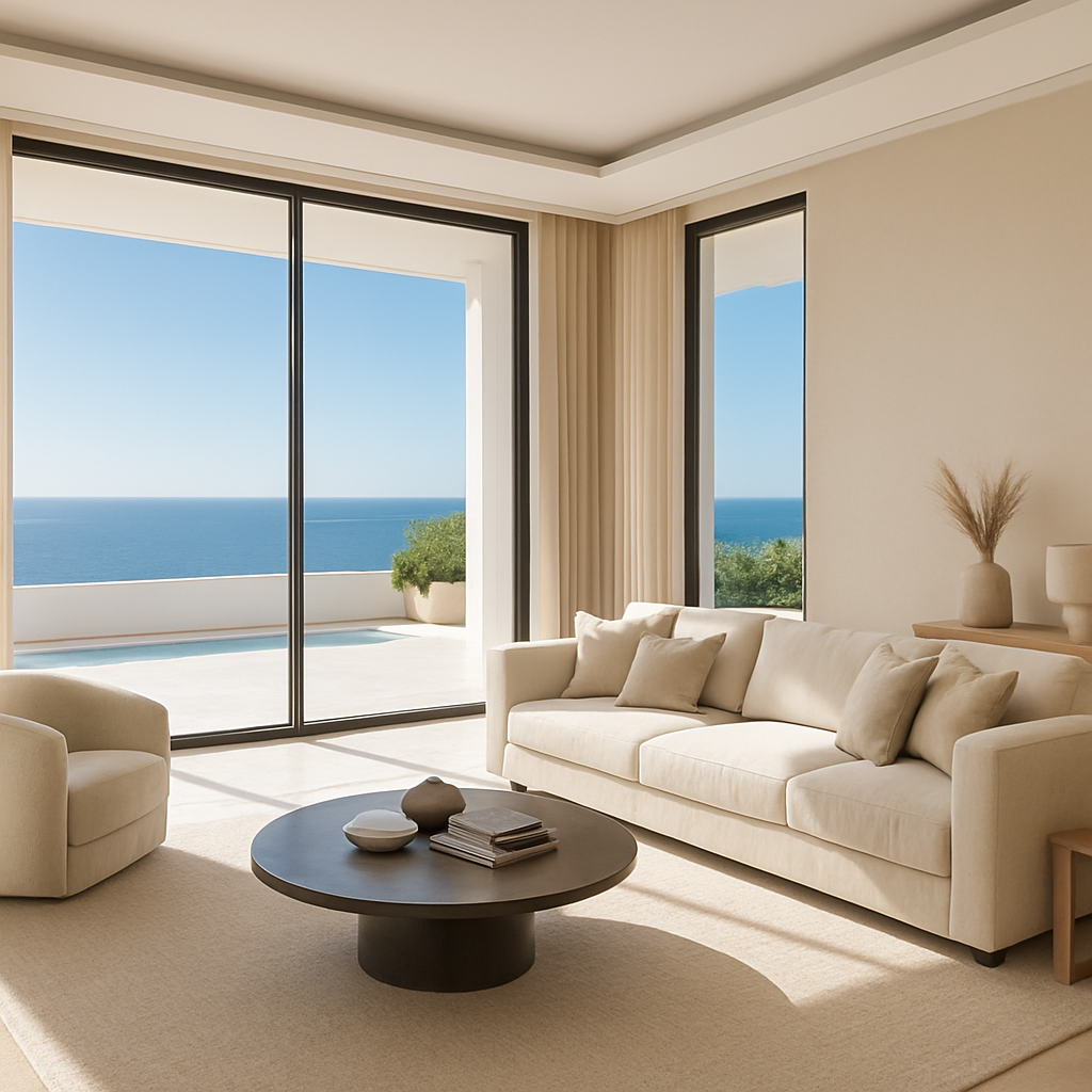 Modern luxury Cyprus villa living room with sea view terrace